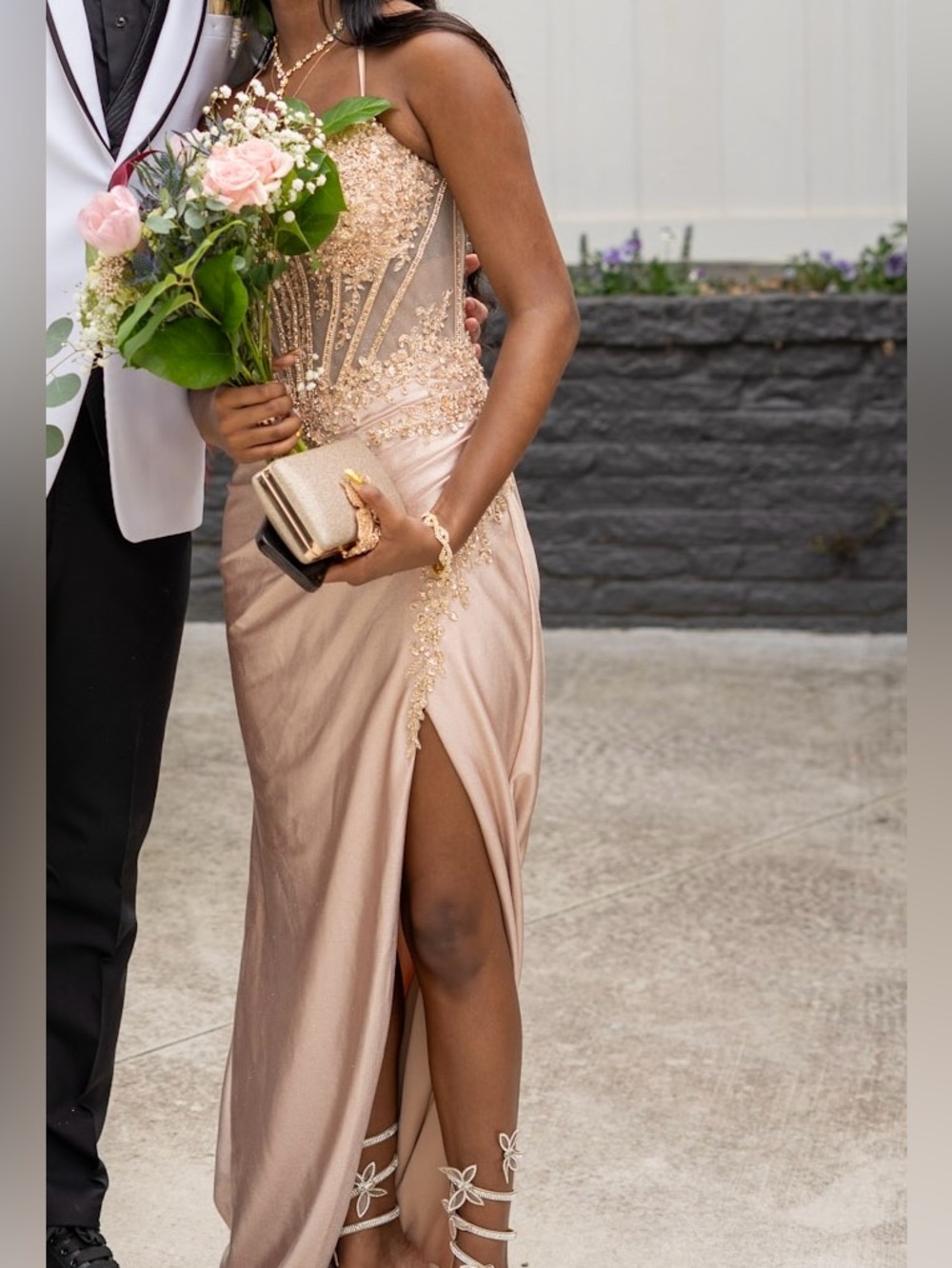 Gold Satin Corset Prom dress with Lace and Beaded Embellishment